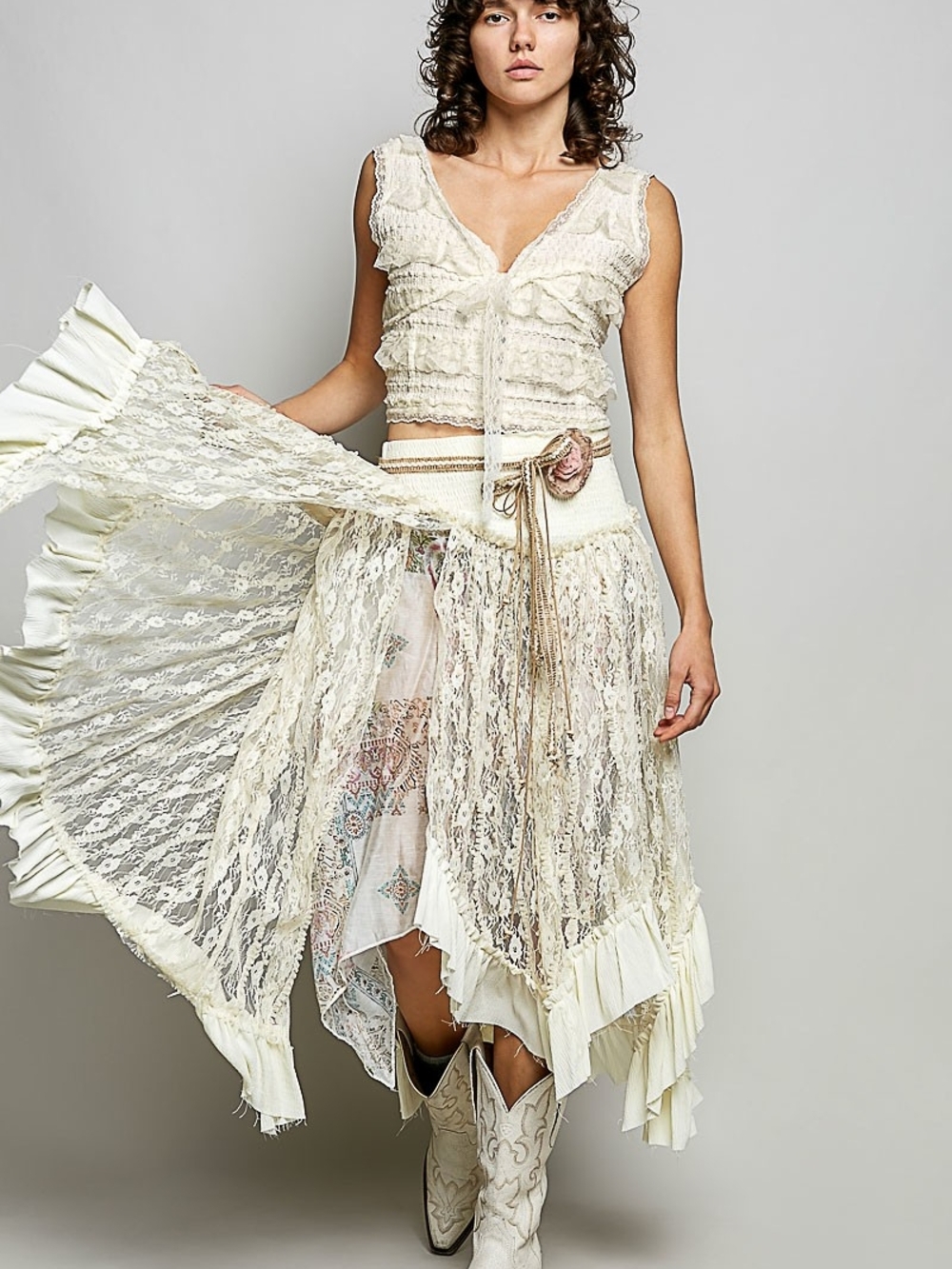 NWOT POL Bohemian Lace Layered Cream Midi Skirt